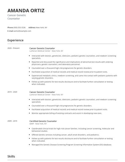 Cancer Genetic Counselor Resume