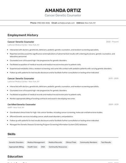 Cancer Genetic Counselor Resume