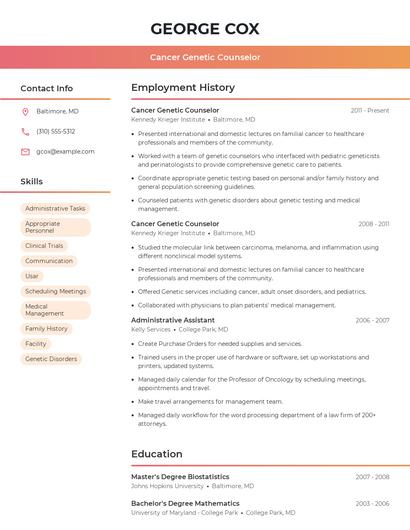 Cancer Genetic Counselor Resume