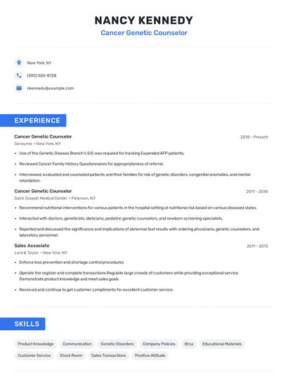 Cancer Genetic Counselor Resume