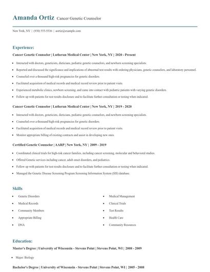 Cancer Genetic Counselor Resume