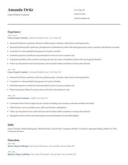 Cancer Genetic Counselor Resume