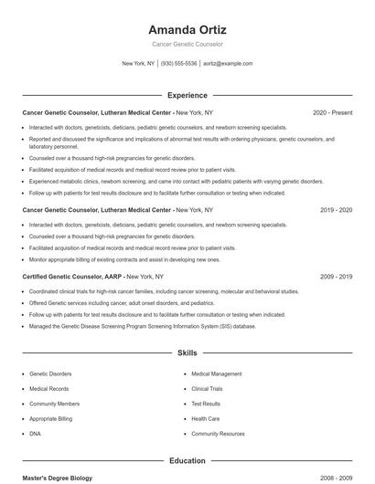 Cancer Genetic Counselor Resume