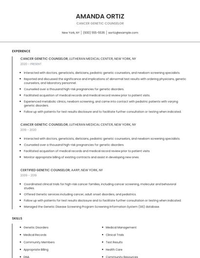 Cancer Genetic Counselor Resume