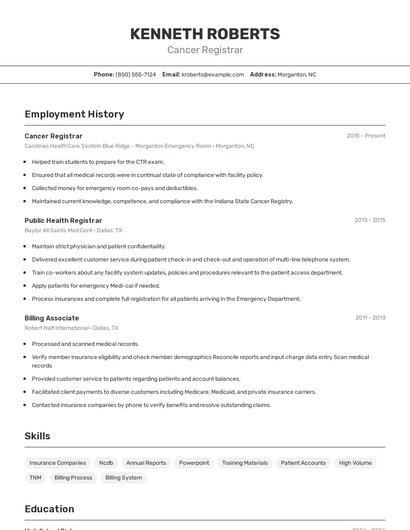 Cancer Registrar Resume