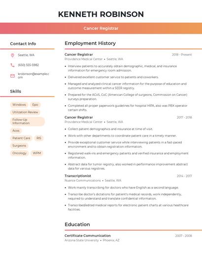 Cancer Registrar Resume
