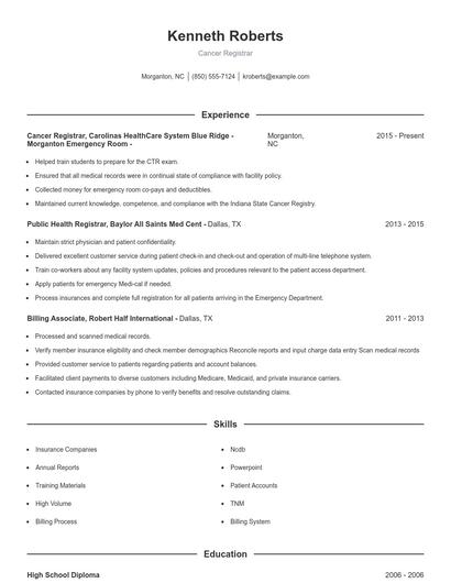 Cancer Registrar Resume