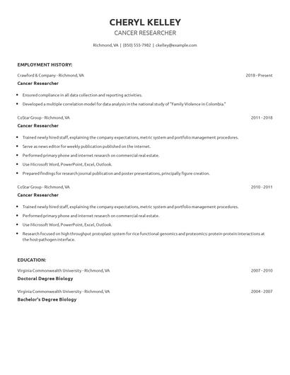 Cancer Researcher Resume