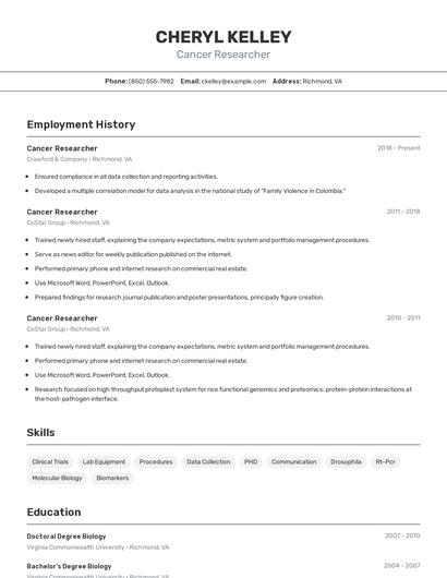 Cancer Researcher Resume