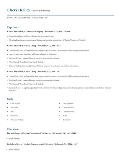 Cancer Researcher Resume