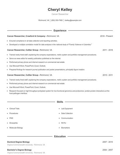 Cancer Researcher Resume