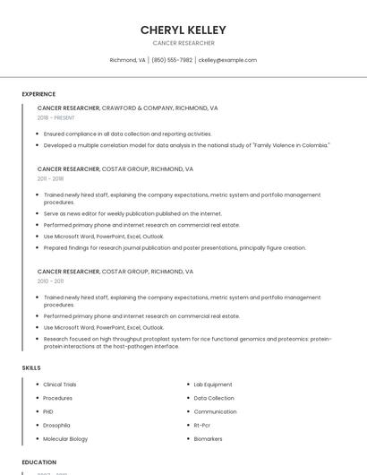 Cancer Researcher Resume
