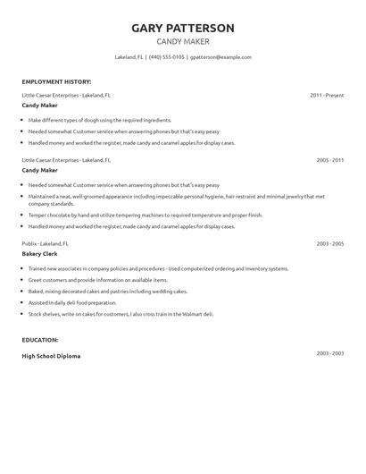 Candy Maker Resume