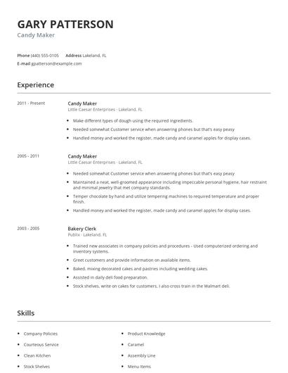 Candy Maker Resume