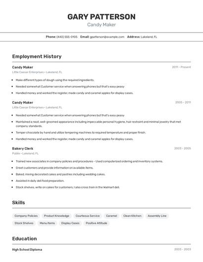 Candy Maker Resume