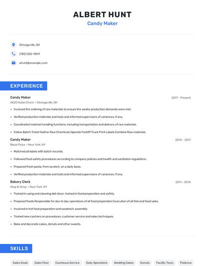 Candy Maker Resume