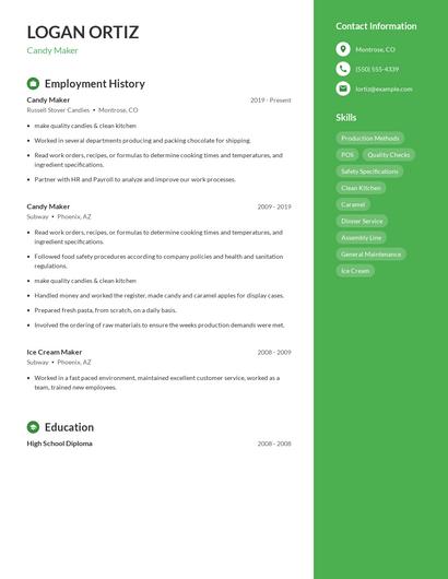 Candy Maker Resume
