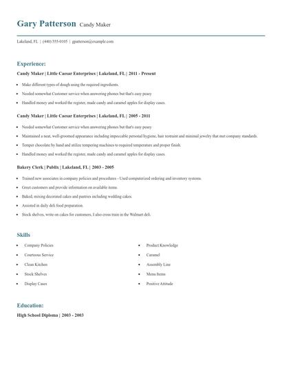 Candy Maker Resume