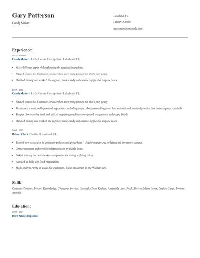 Candy Maker Resume