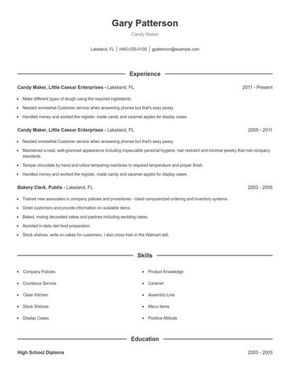 Candy Maker Resume