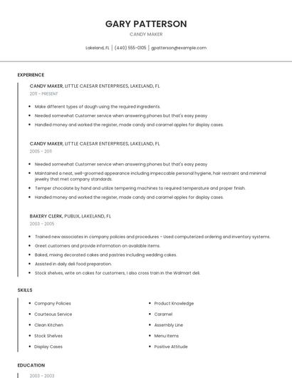 Candy Maker Resume