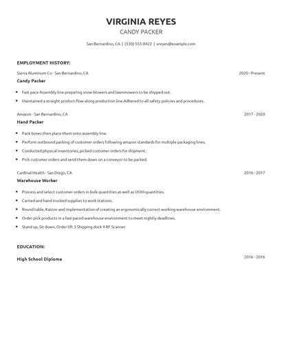 Candy Packer Resume
