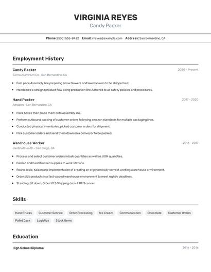 Candy Packer Resume