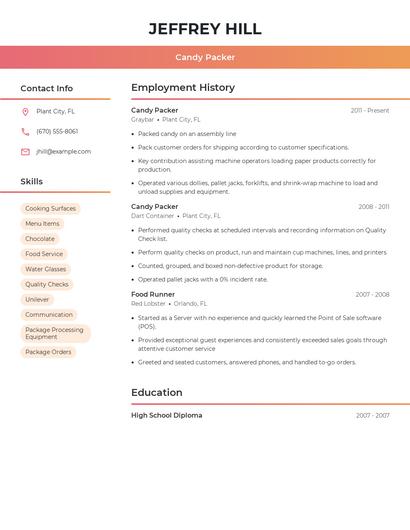 Candy Packer Resume