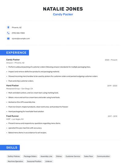 Candy Packer Resume