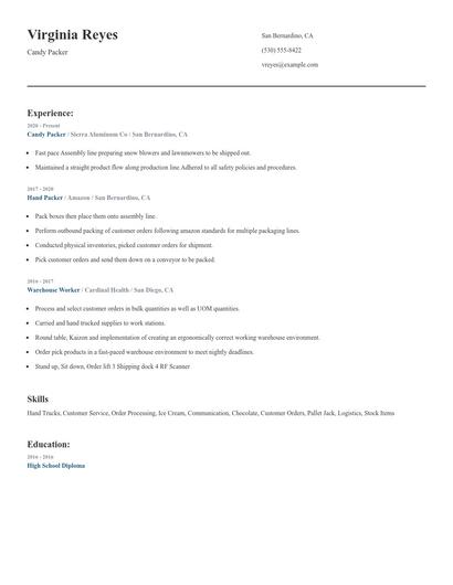 Candy Packer Resume