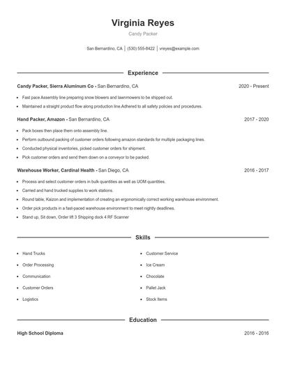 Candy Packer Resume