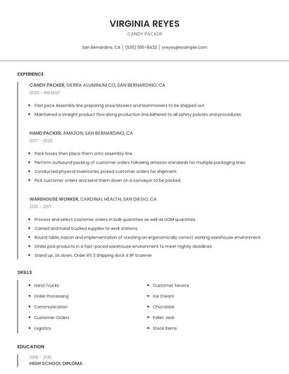 Candy Packer Resume