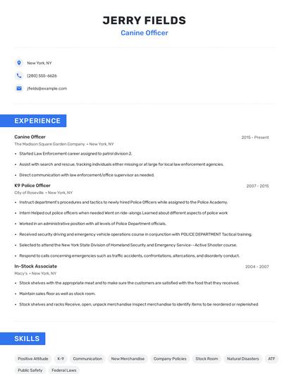 Canine Officer Resume
