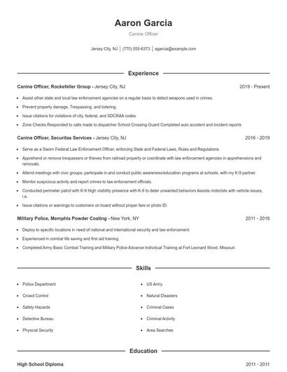 Canine Officer Resume