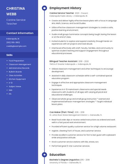Canine Service Teacher Resume