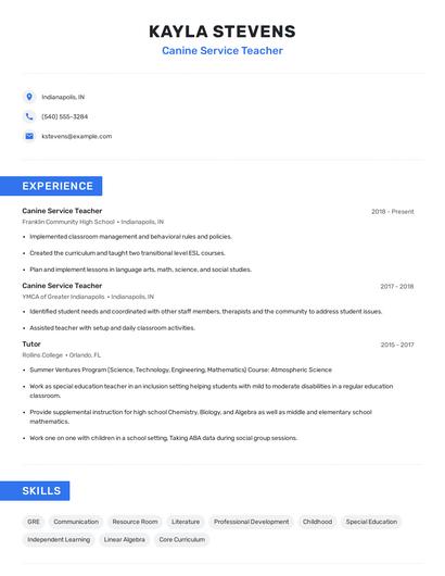 Canine Service Teacher Resume