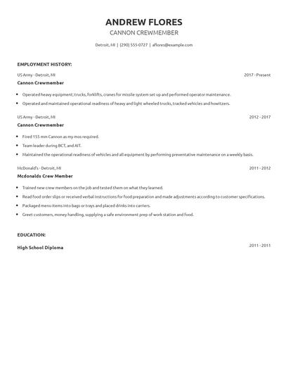 Cannon Crewmember Resume