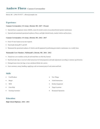 Cannon Crewmember Resume