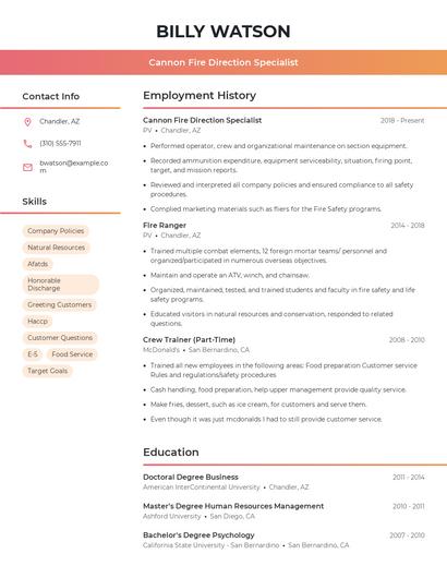 Cannon Fire Direction Specialist Resume