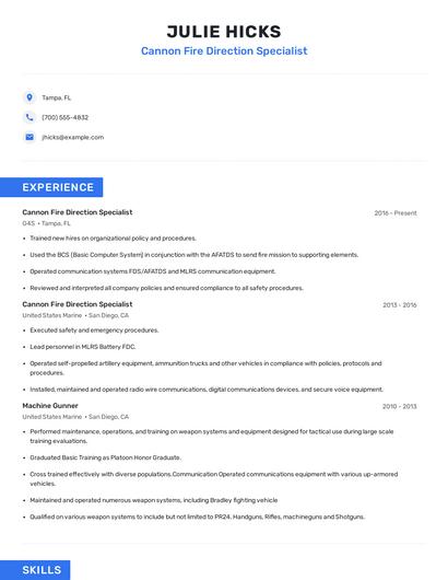Cannon Fire Direction Specialist Resume