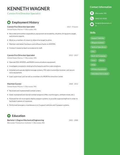 Cannon Fire Direction Specialist Resume