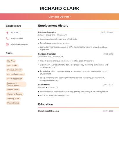Canteen Operator Resume