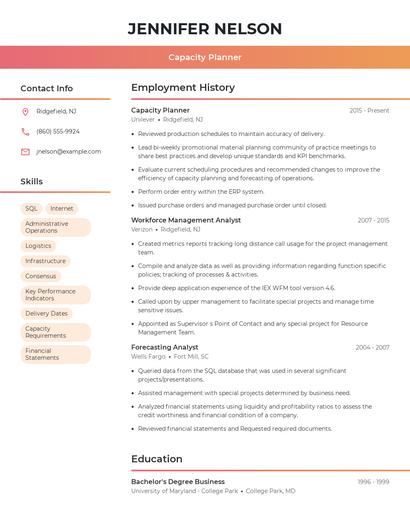 Capacity Planner Resume