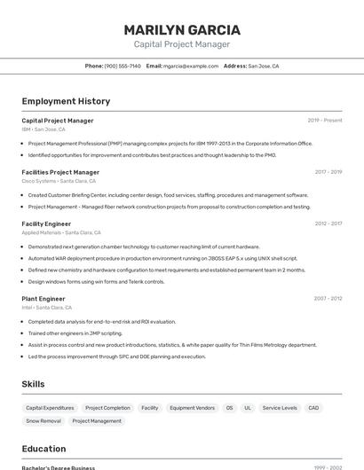Capital Project Manager Resume