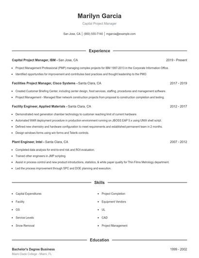 Capital Project Manager Resume