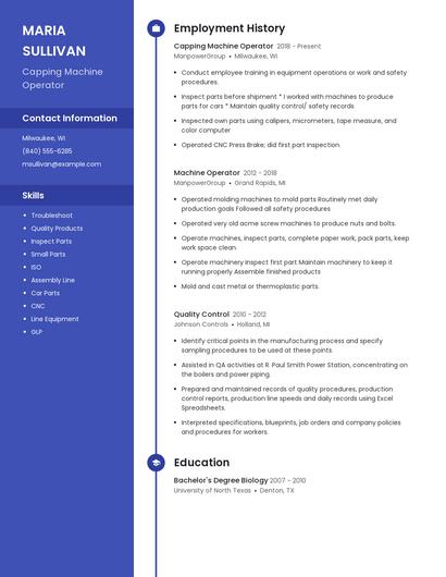 Capping Machine Operator Resume