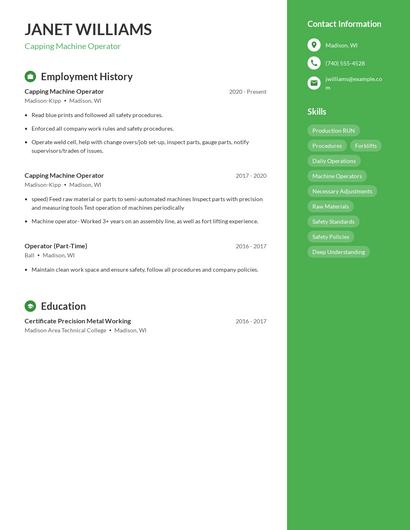 Capping Machine Operator Resume