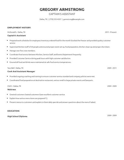 Captain's Assistant Resume