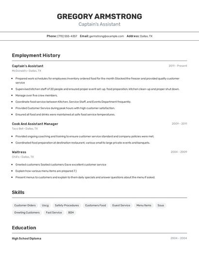 Captain's Assistant Resume