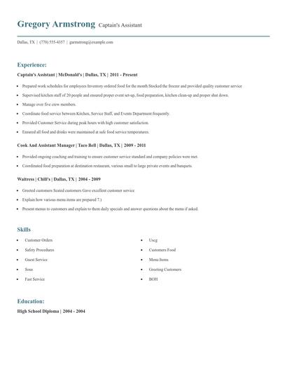 Captain's Assistant Resume
